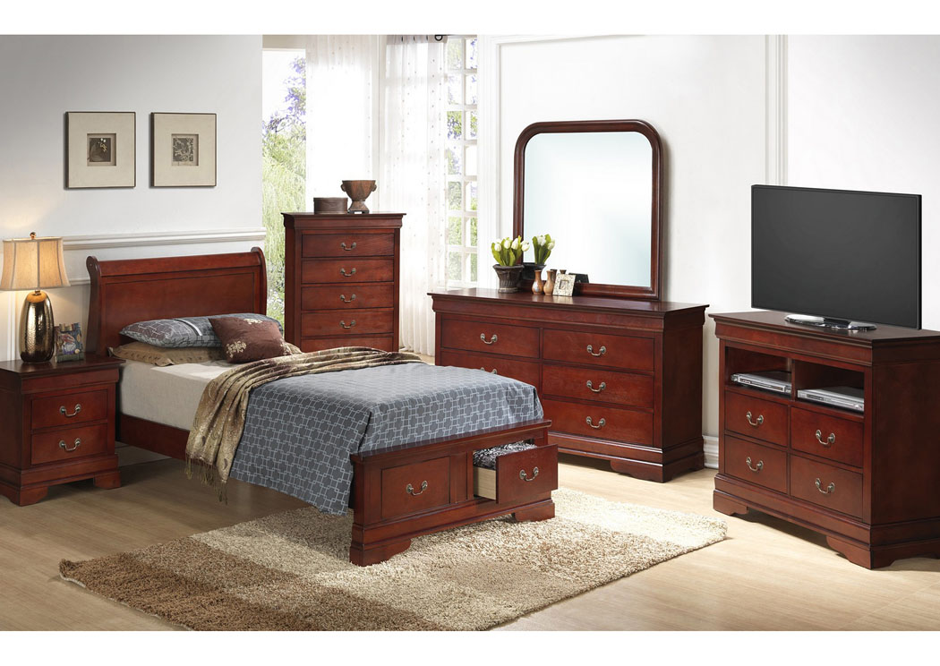 Cherry Twin Low Profile Storage Bed, Dresser & Mirror Levy's Discount Furniture Vineland, NJ